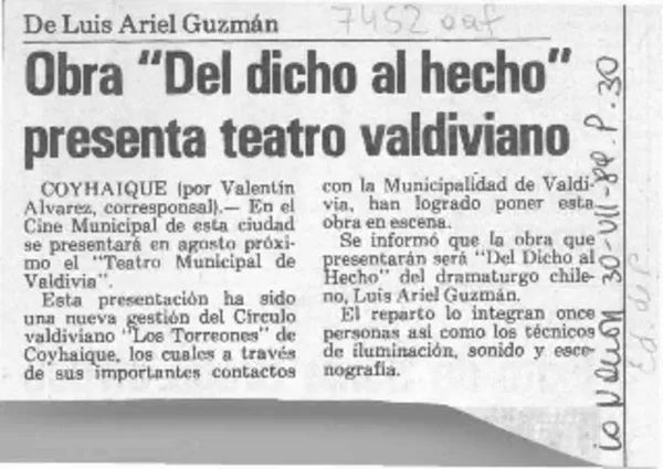 Obra "Del dicho al hecho" presenta teatro valdiviano  [artículo] Valentín Alvarez.