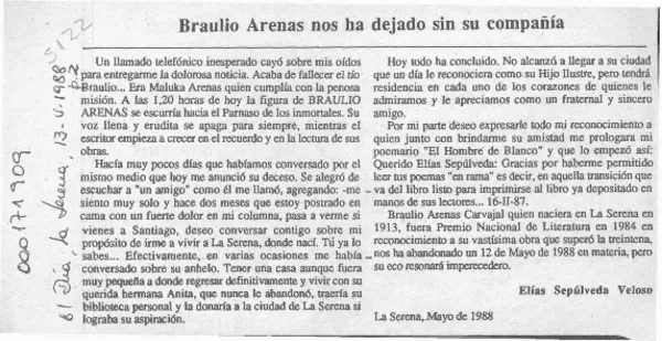 Braulio Arenas nos ha dejado sin su compañía  [artículo] Elías Sepúlveda Veloso.