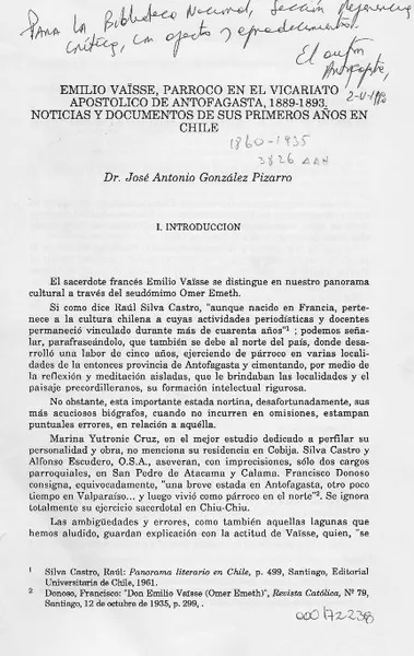 Emilio Vaïsse, Párroco en el Vicariato Apostólico de Antofagasta, 1889-1893  [artículo] José Antonio González Pizarro.