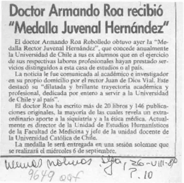Doctor Armando Roa recibió "Medalla Juvenal Hernández  [artículo].