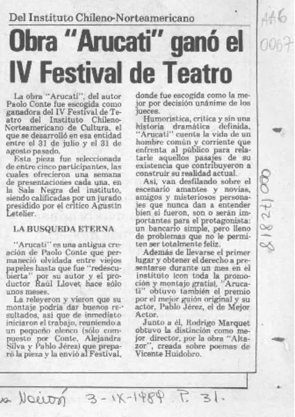 Obra "Arucati" ganó el IV Festival de Teatro  [artículo].