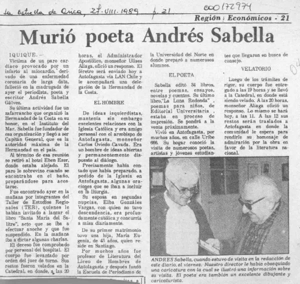 Murió poeta Andrés Sabella  [artículo].