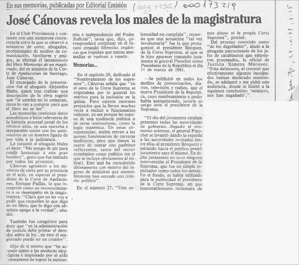 José Canovas revela los males de la magistratura  [artículo].
