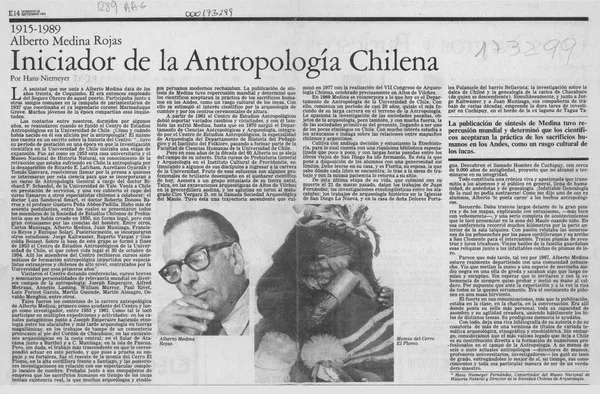 Iniciador de la antropología chilena  [artículo] Hans Niemeyer.