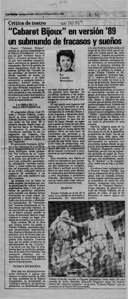 "Cabaret Bijoux" en versión '89 un submundo de fracasos y sueños  [artículo] Yolanda Montecinos.