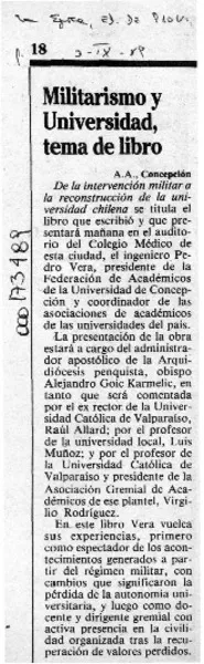 Militarismo y Universidad, tema de libro  [artículo] A. A.