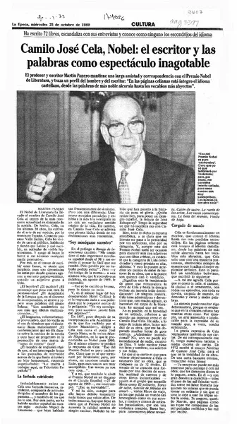 Camilo José Cela, Nobel : el escritor y las palabras como espectáculo inagotable  [artículo] Martín Panero.
