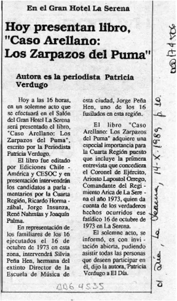 Hoy presentan libro, "Caso Arellano, los zarpazos del puma"  [artículo].