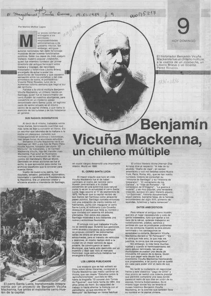 Benjamín Vicuña Mackenna, un chileno múltiple  [artículo] Marino Muñoz Lagos.