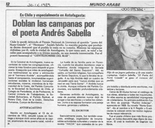 Doblan las campanas por el poeta Andrés Sabella  [artículo].