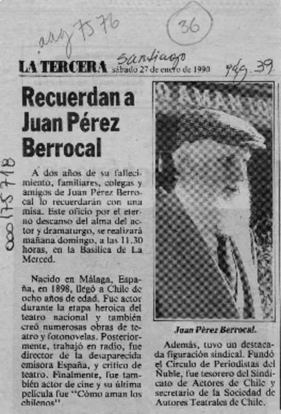 Recuerdan a Juan Pérez Berrocal  [artículo].