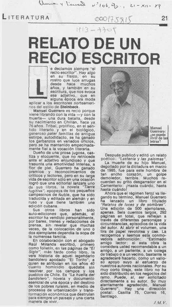 Relato de un recio escritor  [artículo] J. M. V.