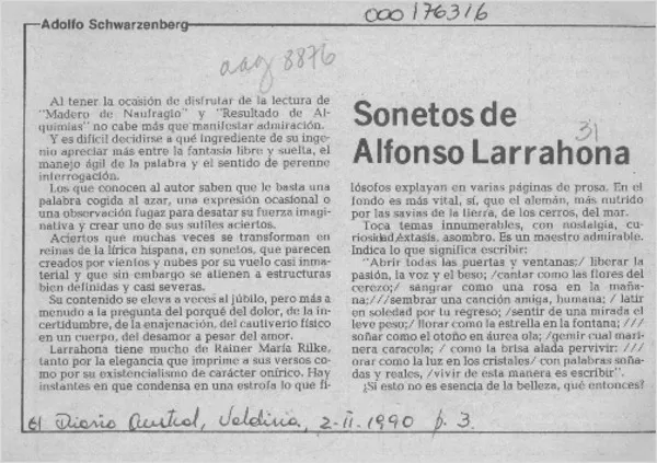Sonetos de Alfonso Larrahona  [artículo] Adolfo Schwarzenberg.