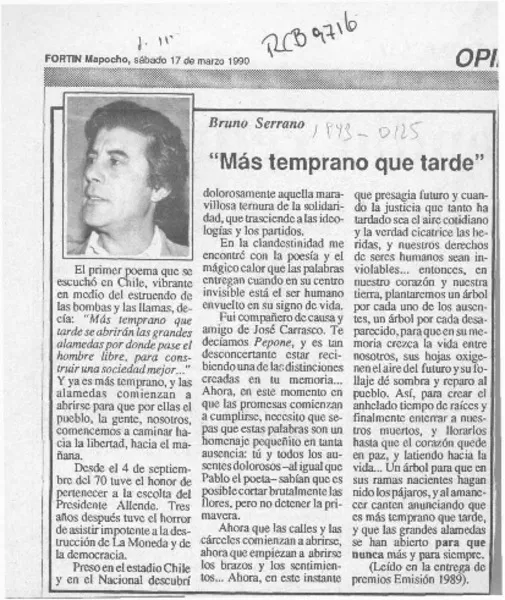 "Más temprano que tarde"  [artículo] Bruno Serrano.