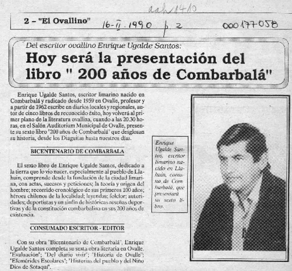 Hoy será la presentación del libro "200 años de Combarbalá"  [artículo].