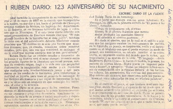 Rubén Darío, 123 aniversario de su nacimiento  [artículo] Darío de la Fuente.