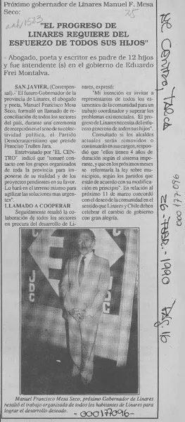"El Progreso de Linares requiere del esfuerzo de todos sus hijos"  [artículo].