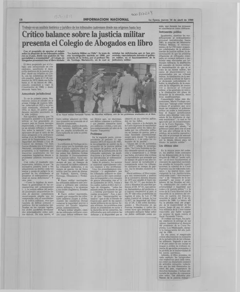 Crítico balance sobre la justicia militar presenta el Colegio de Abogados en libro  [artículo].