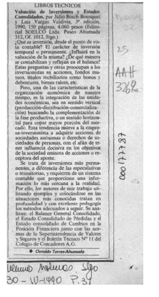 Valuación de inversiones y estados consolidados  [artículo] Osvaldo Torres-Ahumada.