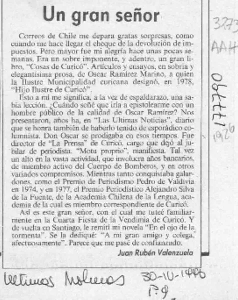 Un gran señor  [artículo] Juan Rubén Valenzuela.