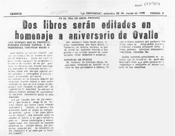 Dos libros serán editados en homenaje a aniversario de Ovalle  [artículo].