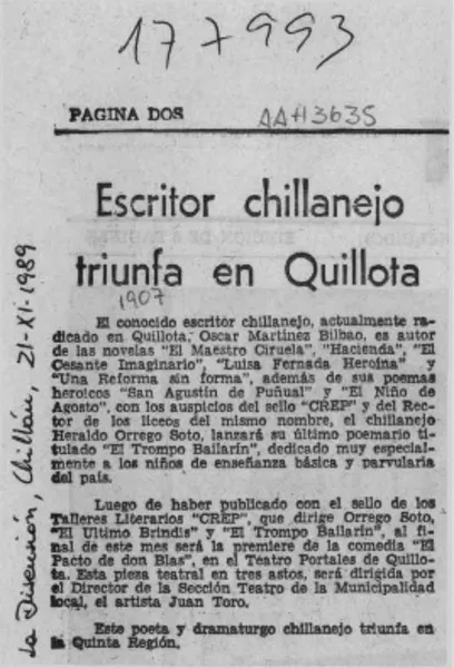 Escritor chillanejo triunfa en Quillota  [artículo].
