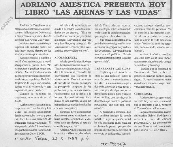 Adriano Améstica presenta hoy libro "Las arenas y las vidas"  [artículo].