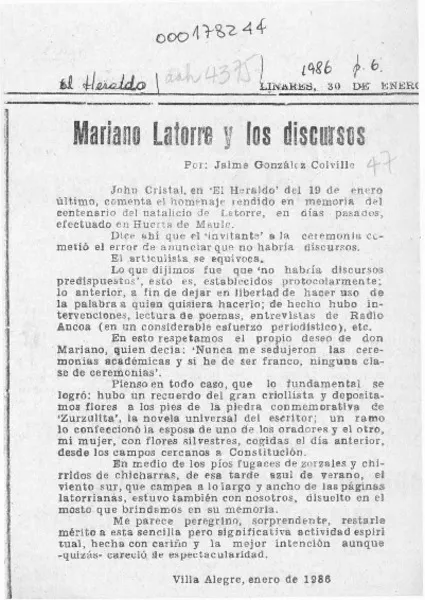 Mariano Latorre y los discursos  [artículo] Jaime González Colville.