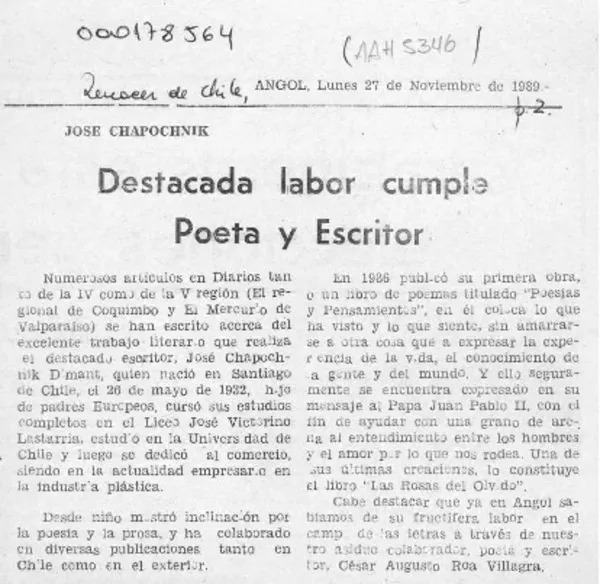 Destacada labor cumple poeta y escritor  [artículo].