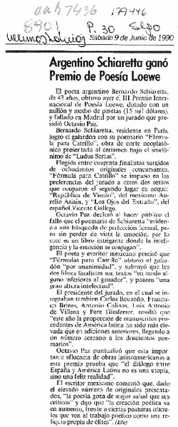 Argentino Schiaretta ganó premio de poesía Loewe  [artículo].