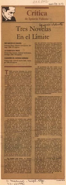 Tres novelas en el límite  [artículo] Ignacio Valente.
