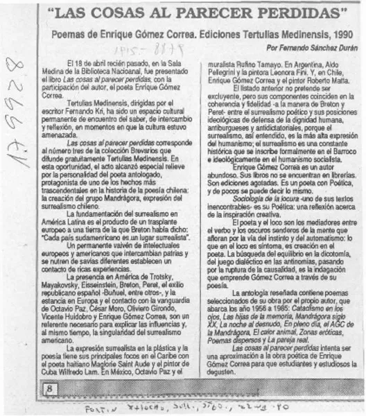 "Las cosas al parecer perdidas"  [artículo] Fernando Sánchez Durán.