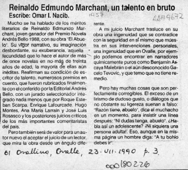 Reinaldo Edmundo Marchant, un talento en bruto  [artículo] Omar I. Nacib.