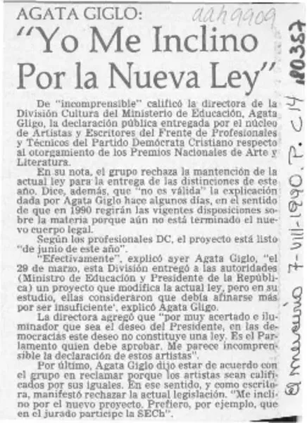 Agata Gligo, "Yo me inclino por la nueva Ley"  [artículo].