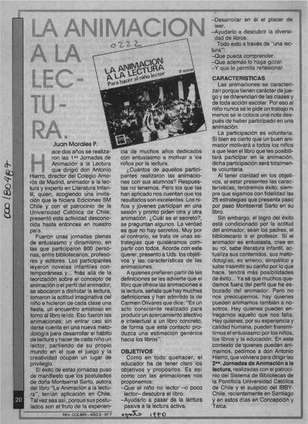 La animación a la lectura  [artículo] Juan Morales P.