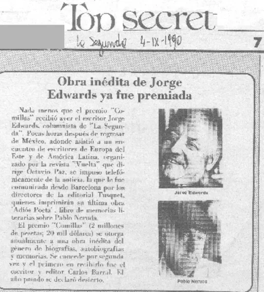 Obra inédita de Jorge Edwards ya fue premiada  [artículo].