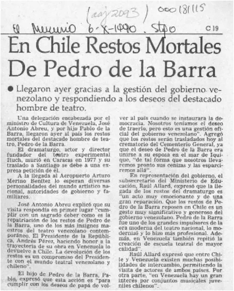 En Chile restos mortales de Pedro de la Barra  [artículo].