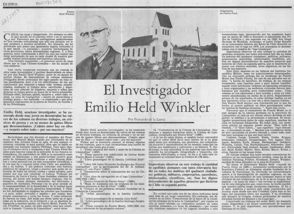 El investigador Emilio Held Winkler  [artículo] Fernando de la Lastra.