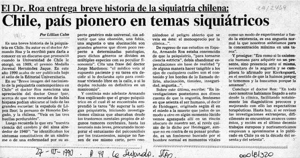 Chile, país pionero en temas siquiátricos  [artículo] Lillian Calm.