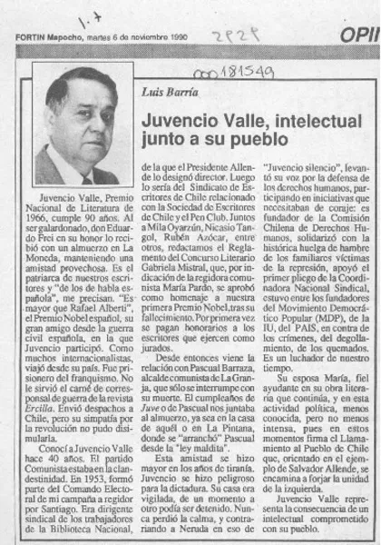 Juvencio Valle, intelectual junto a su pueblo  [artículo] Luis Barría.