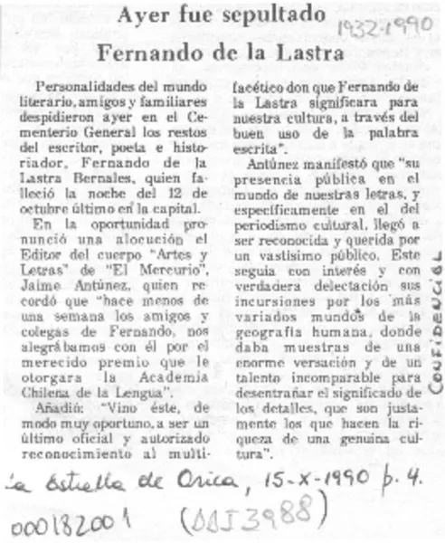 Ayer fue sepultado Fernando de la Lastra  [artículo].