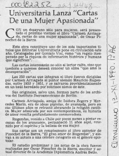 Universitaria lanza "Cartas de una mujer apasionada"  [artículo].