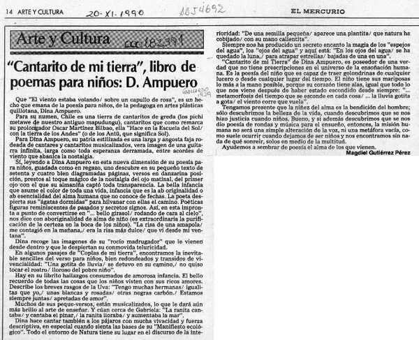 "Cantarito de mi tierra", libro de poemas para niños, D. Ampuero  [artículo] Magdiel Gutiérrez Pérez.
