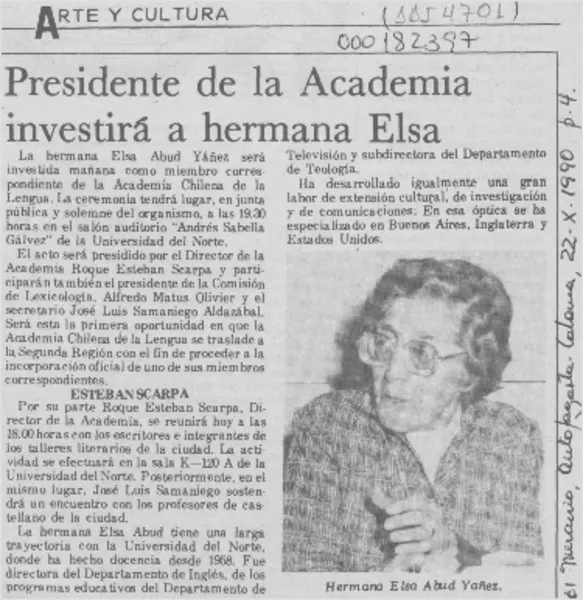 Presidente de la Academia investirá a hermana Elsa  [artículo].