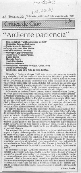 "Ardiente paciencia"  [artículo] Alfredo Barría.