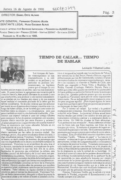 Tiempo de callar -- tiempo de hablar  [artículo] Leonardo Villarroel Lobos.