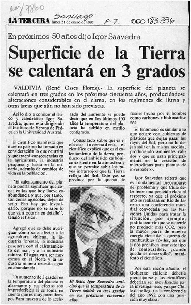 Superficie de la tierra se calentará en 3 grados  [artículo] René Osses Flores.