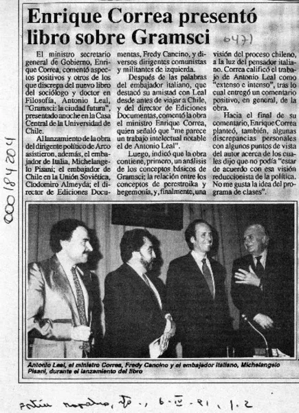 Enrique Correa presentó libro sobre Gramsci  [artículo].