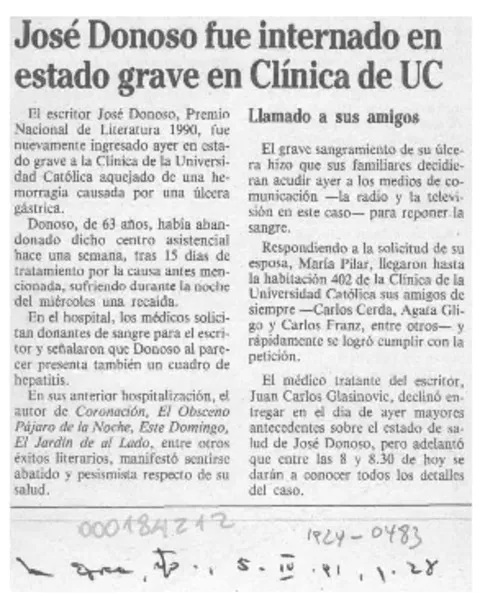 José Donoso fue internado en estado grave en clínica de UC  [artículo].