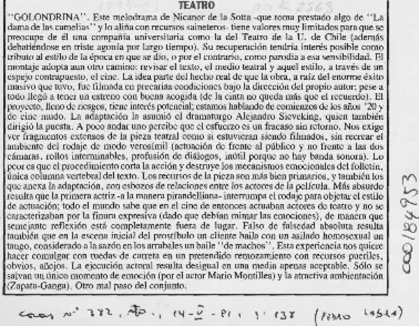 "Golondrina"  [artículo] Pedro Labra.